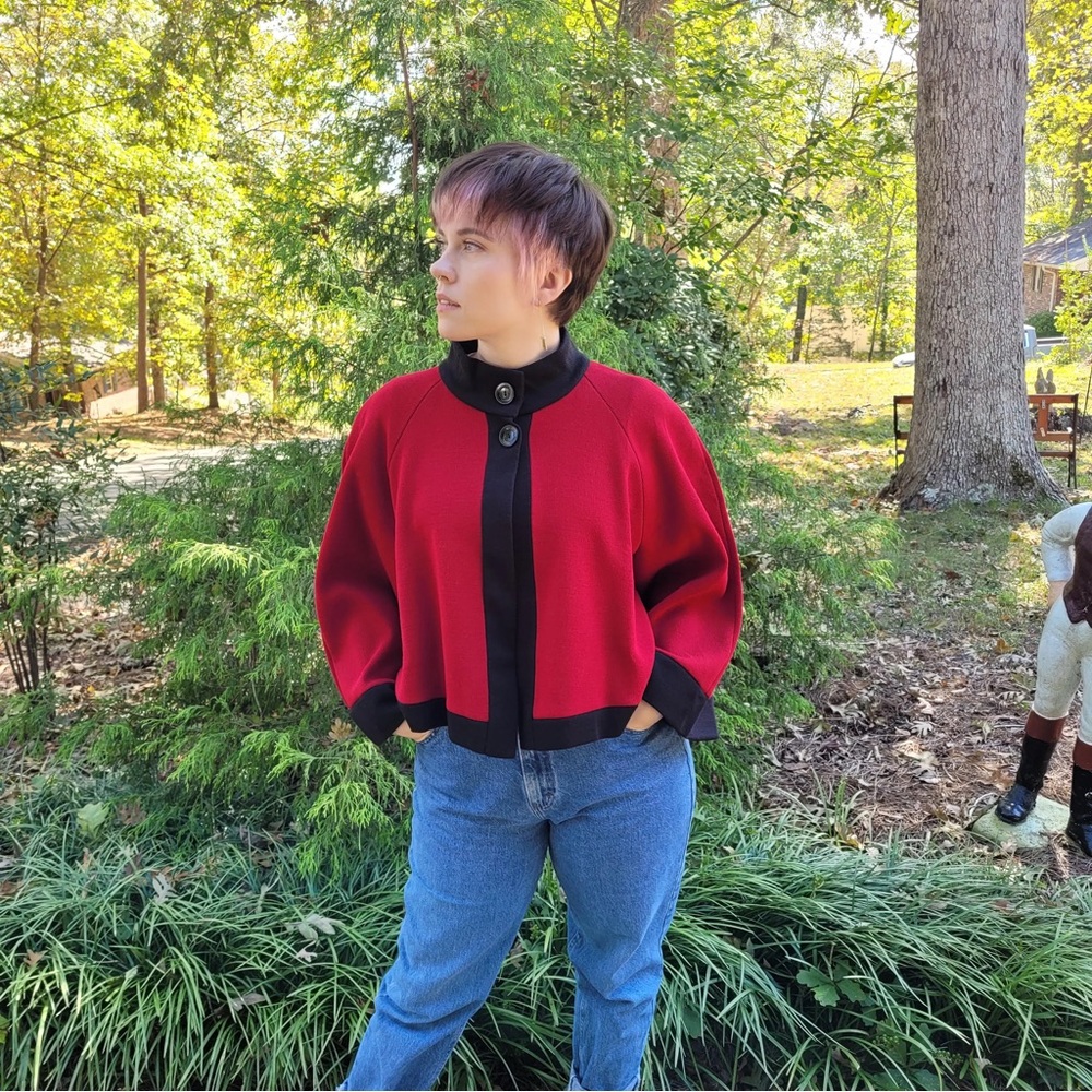 (A4) Vintage Nina Leonard Red & Black Colorblock Sweater Jacket M Retro Mod Knit